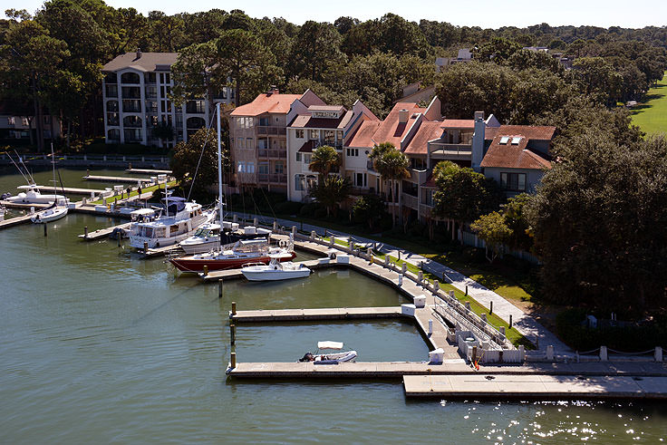 Condos line Harbour Town in Hilton Head, SC